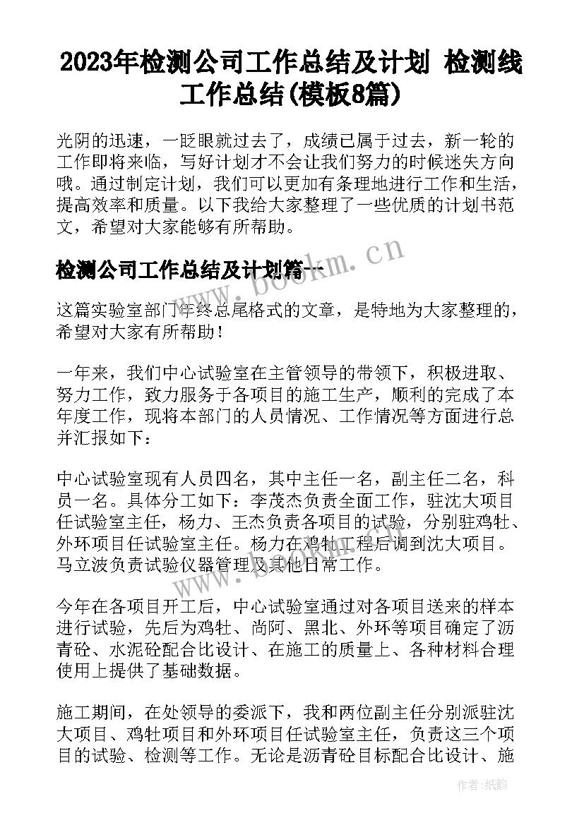 2023年检测公司工作总结及计划 检测线工作总结(模板8篇)