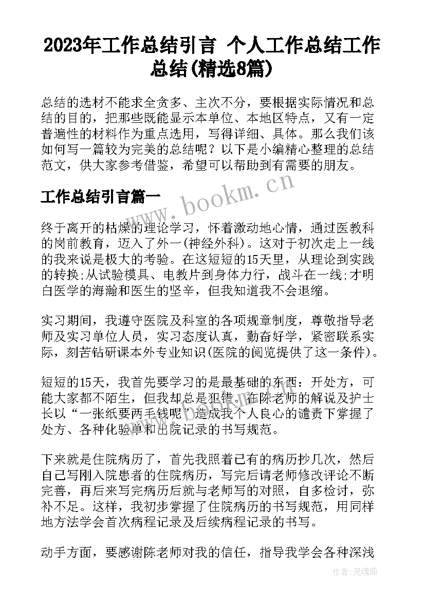 2023年工作总结引言 个人工作总结工作总结(精选8篇)