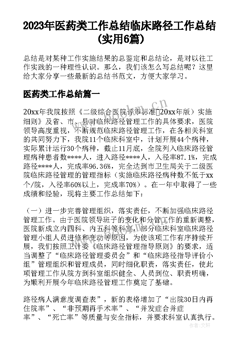 2023年医药类工作总结 临床路径工作总结(实用6篇)