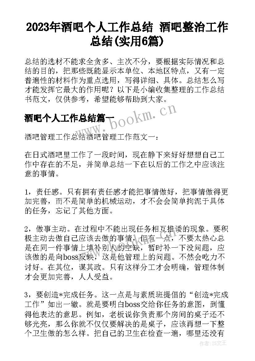 2023年酒吧个人工作总结 酒吧整治工作总结(实用6篇)