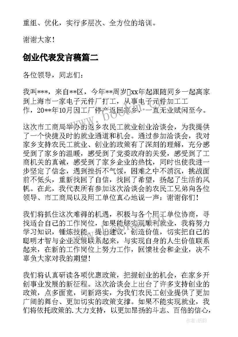 最新创业代表发言稿(通用5篇)