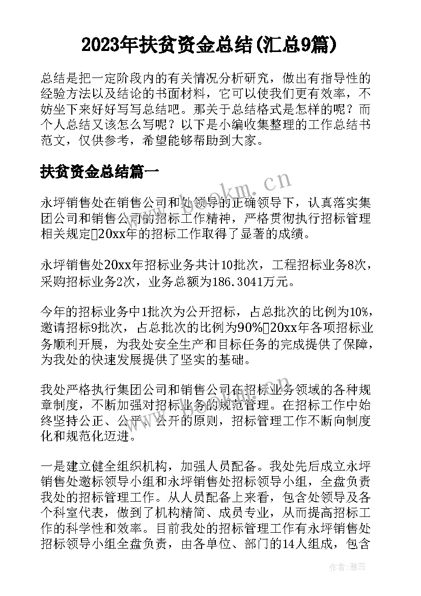 2023年扶贫资金总结(汇总9篇)