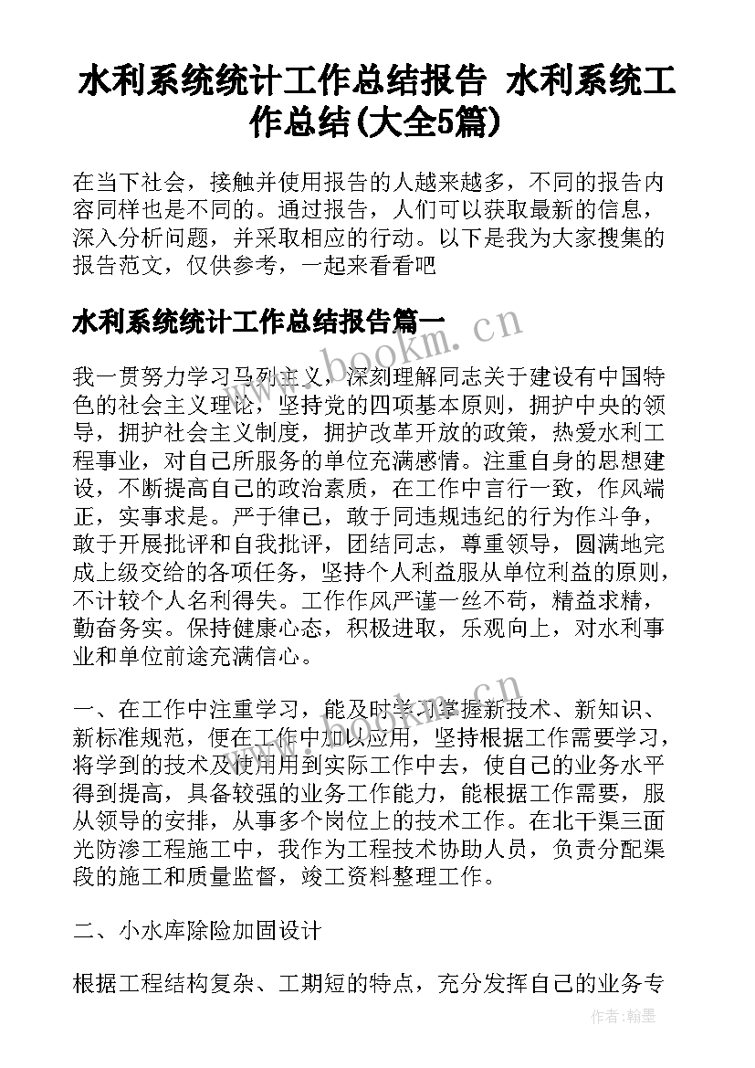 水利系统统计工作总结报告 水利系统工作总结(大全5篇)