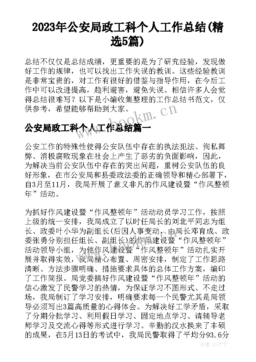 2023年公安局政工科个人工作总结(精选5篇)