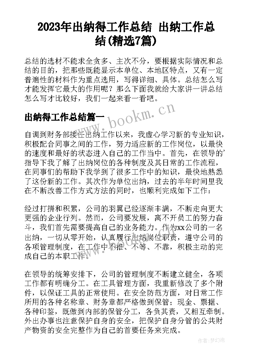 2023年出纳得工作总结 出纳工作总结(精选7篇)