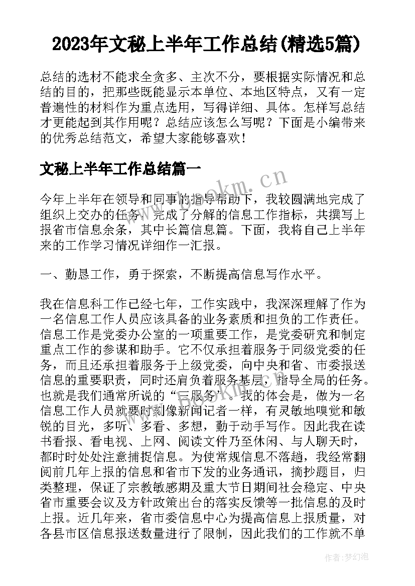 2023年文秘上半年工作总结(精选5篇)