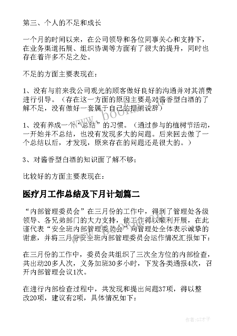 医疗月工作总结及下月计划(通用8篇)