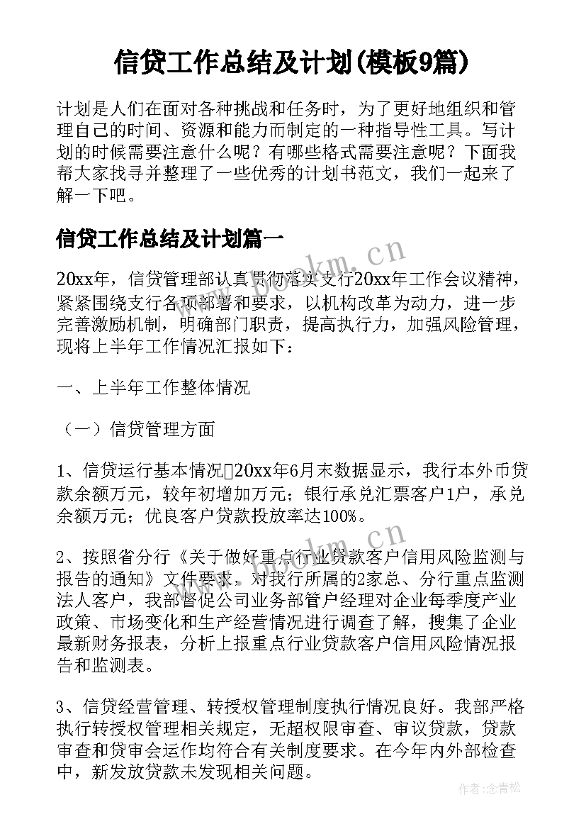 信贷工作总结及计划(模板9篇)