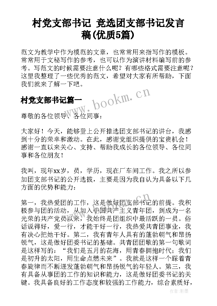 村党支部书记 竞选团支部书记发言稿(优质5篇)