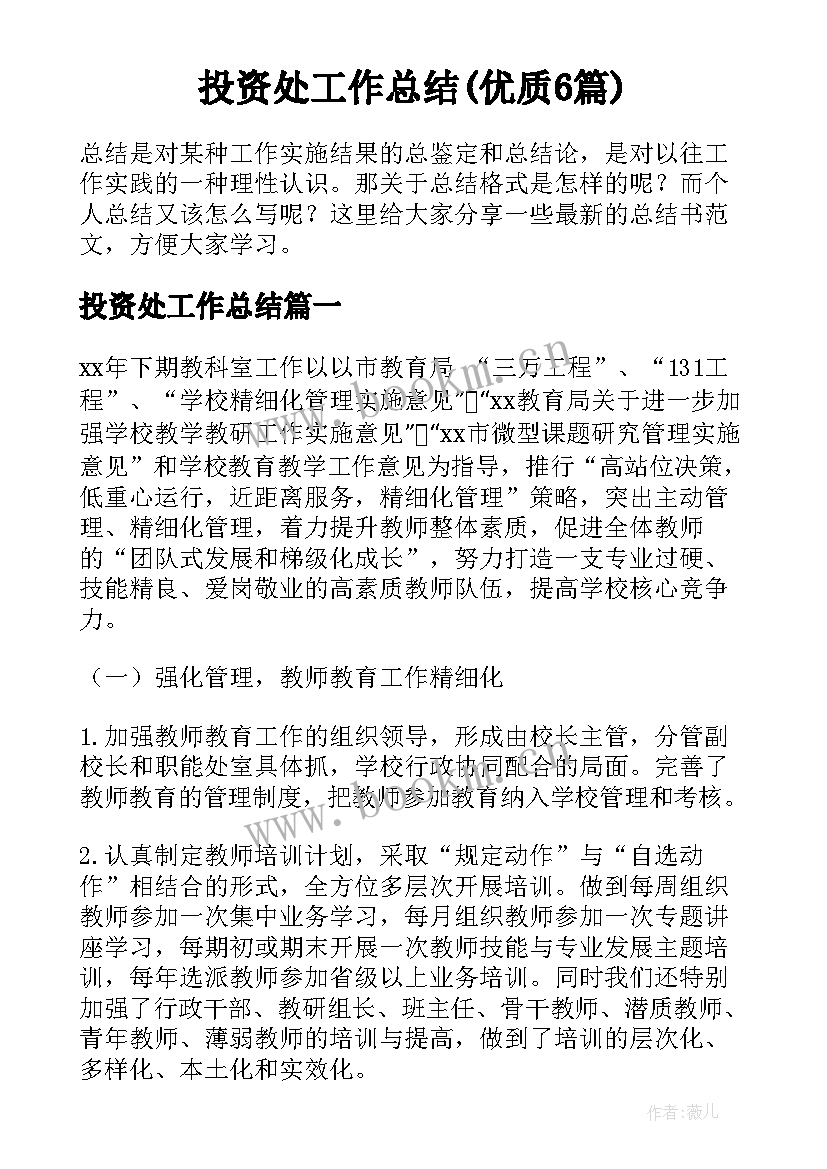 投资处工作总结(优质6篇)