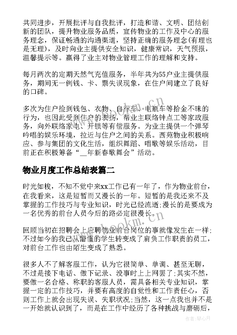 物业月度工作总结表 物业月度工作总结集锦(通用9篇)