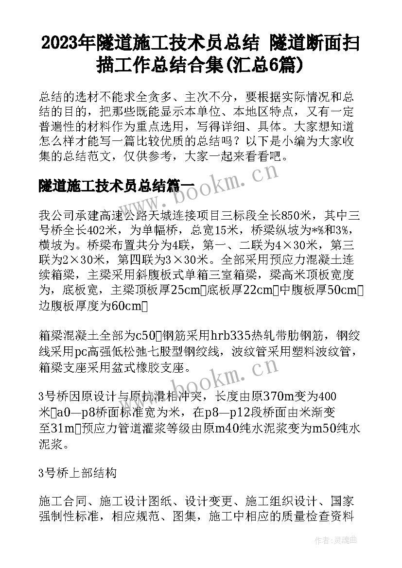 2023年隧道施工技术员总结 隧道断面扫描工作总结合集(汇总6篇)