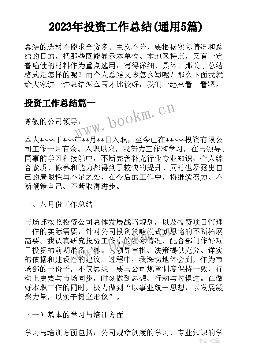 2023年投资工作总结(通用5篇)