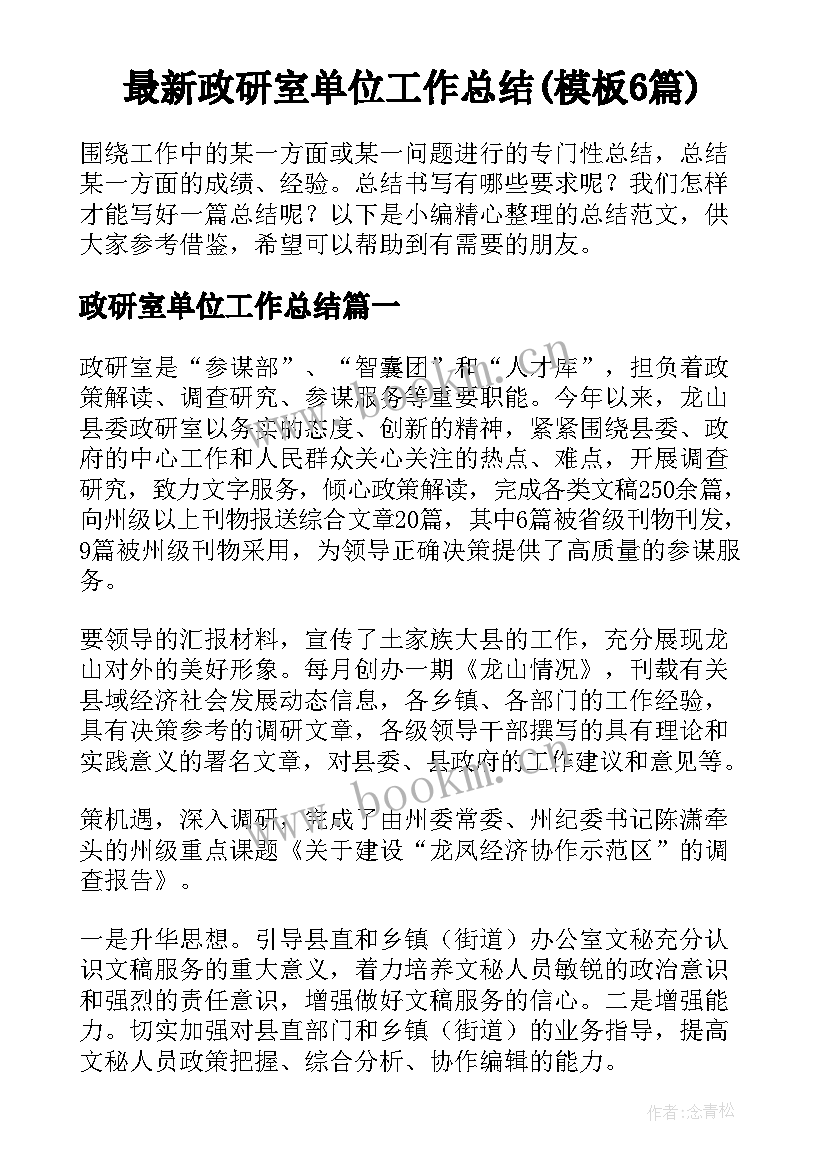 最新政研室单位工作总结(模板6篇)