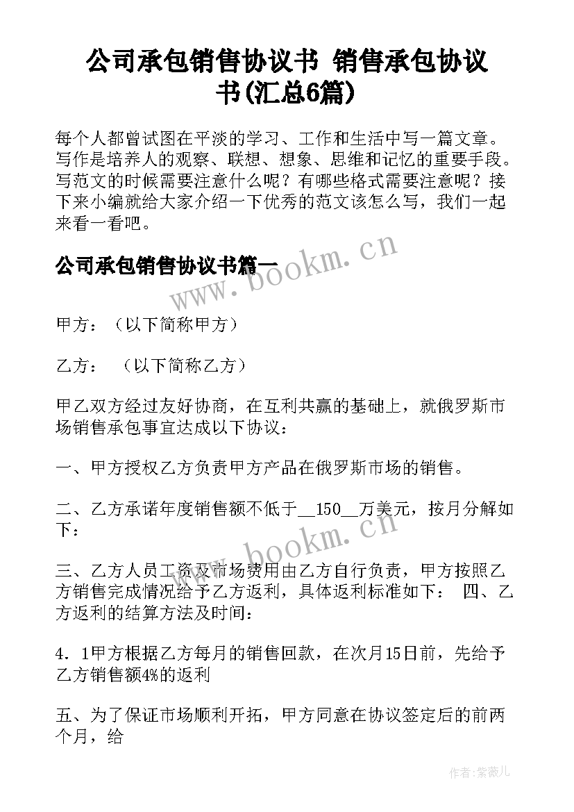 公司承包销售协议书 销售承包协议书(汇总6篇)