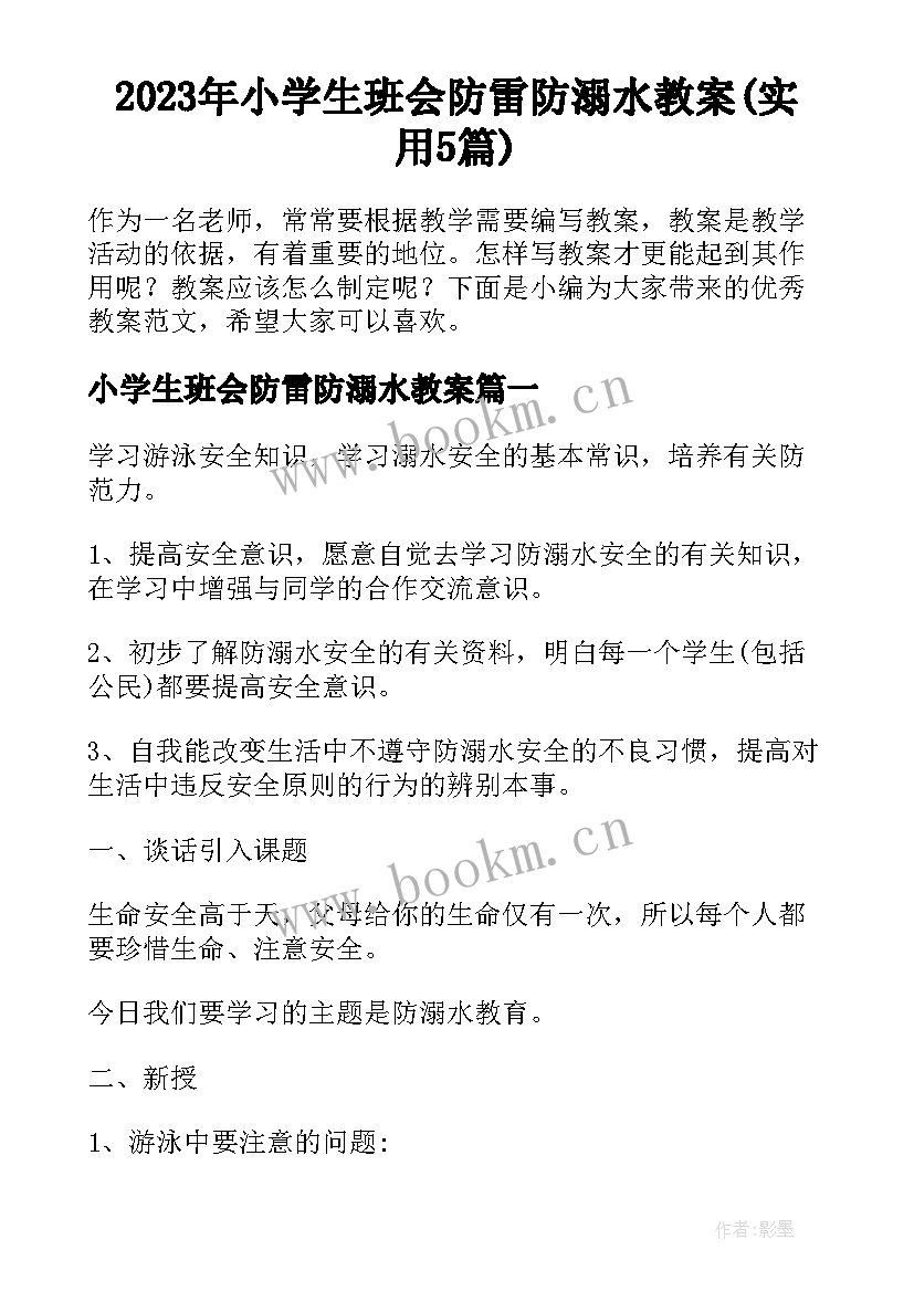 2023年小学生班会防雷防溺水教案(实用5篇)