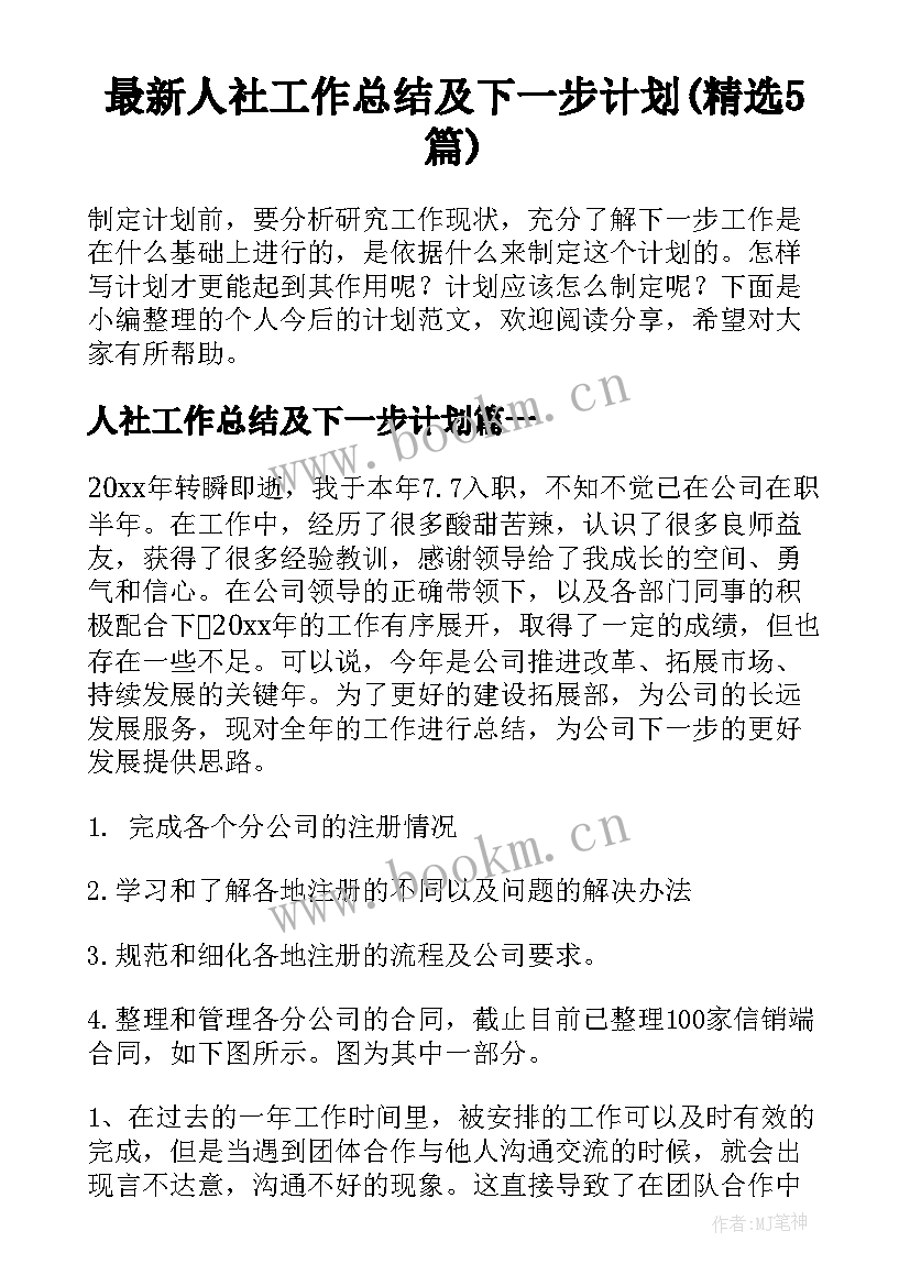 最新人社工作总结及下一步计划(精选5篇)