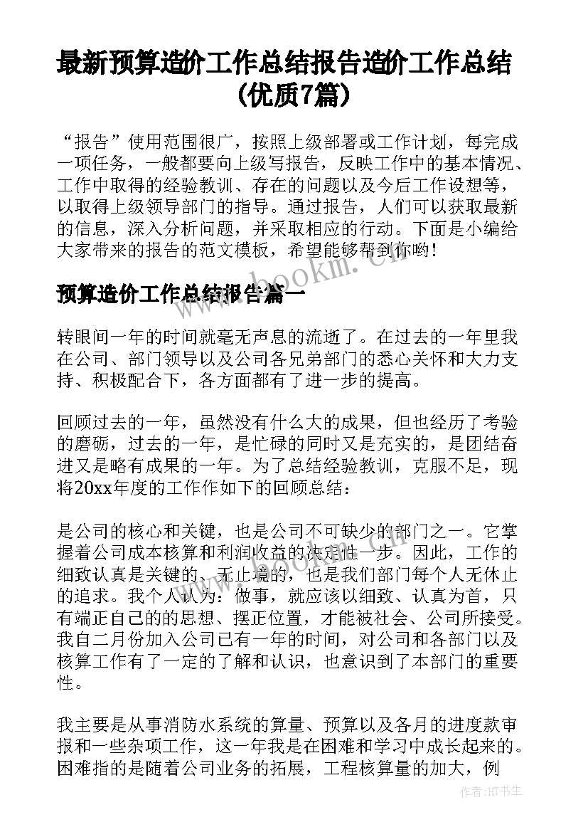 最新预算造价工作总结报告 造价工作总结(优质7篇)