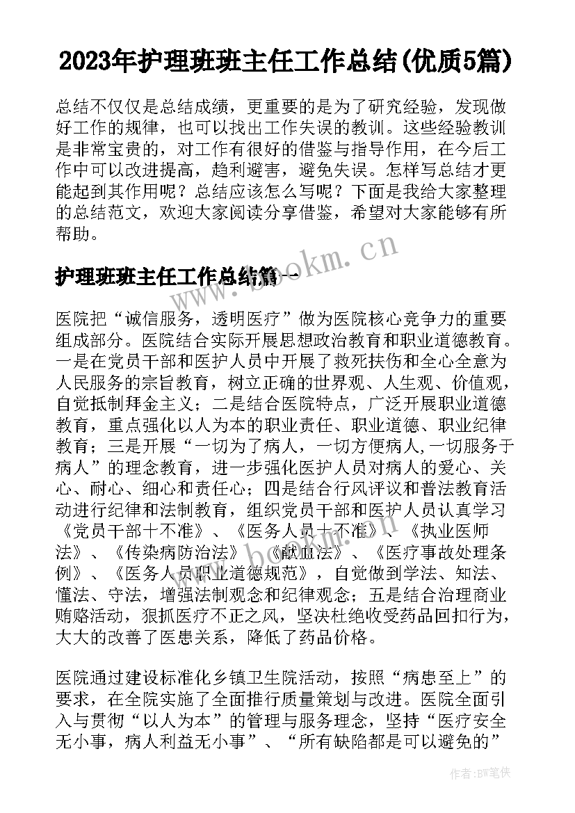 2023年护理班班主任工作总结(优质5篇)