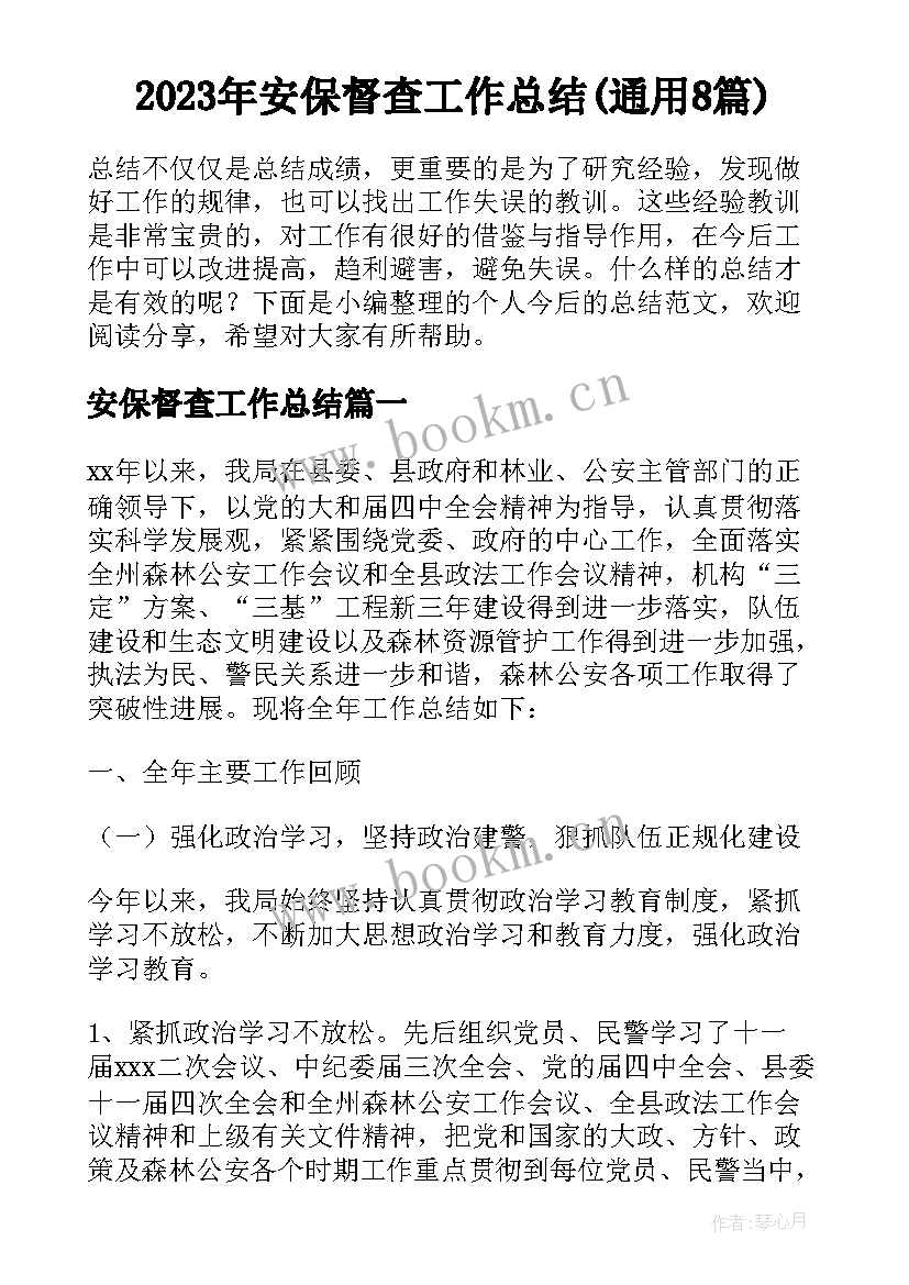 2023年安保督查工作总结(通用8篇)