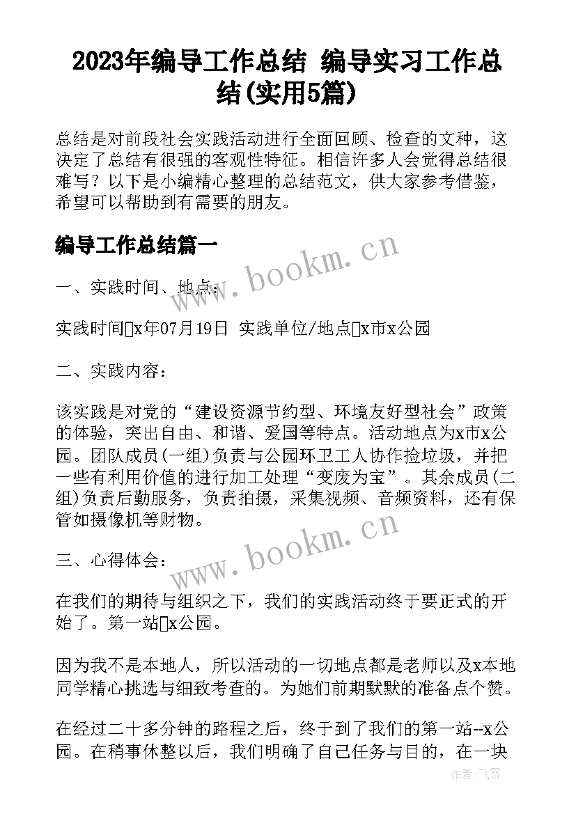 2023年编导工作总结 编导实习工作总结(实用5篇)