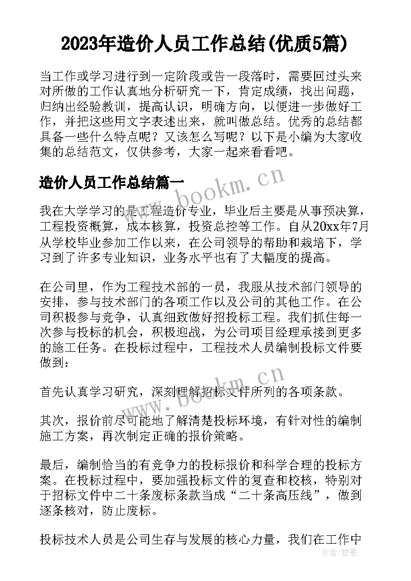 2023年造价人员工作总结(优质5篇)