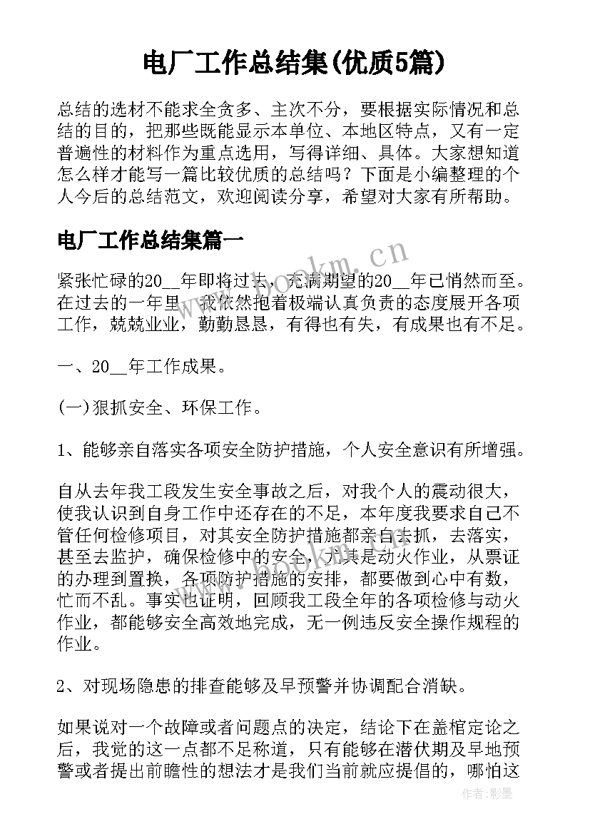 电厂工作总结集(优质5篇)