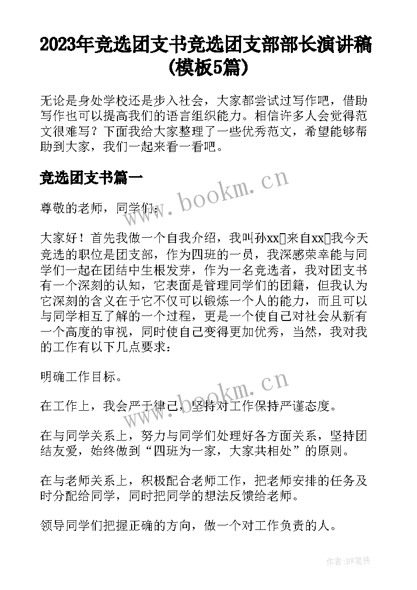 2023年竞选团支书 竞选团支部部长演讲稿(模板5篇)