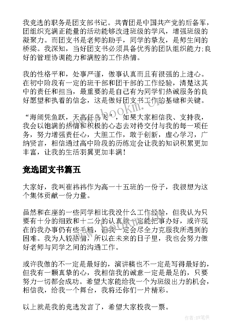 2023年竞选团支书 竞选团支部部长演讲稿(模板5篇)