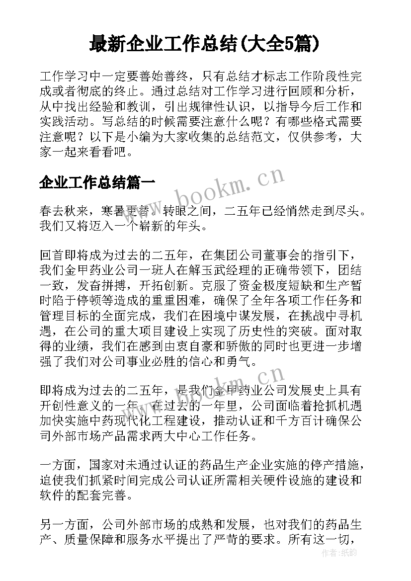 最新企业工作总结(大全5篇)