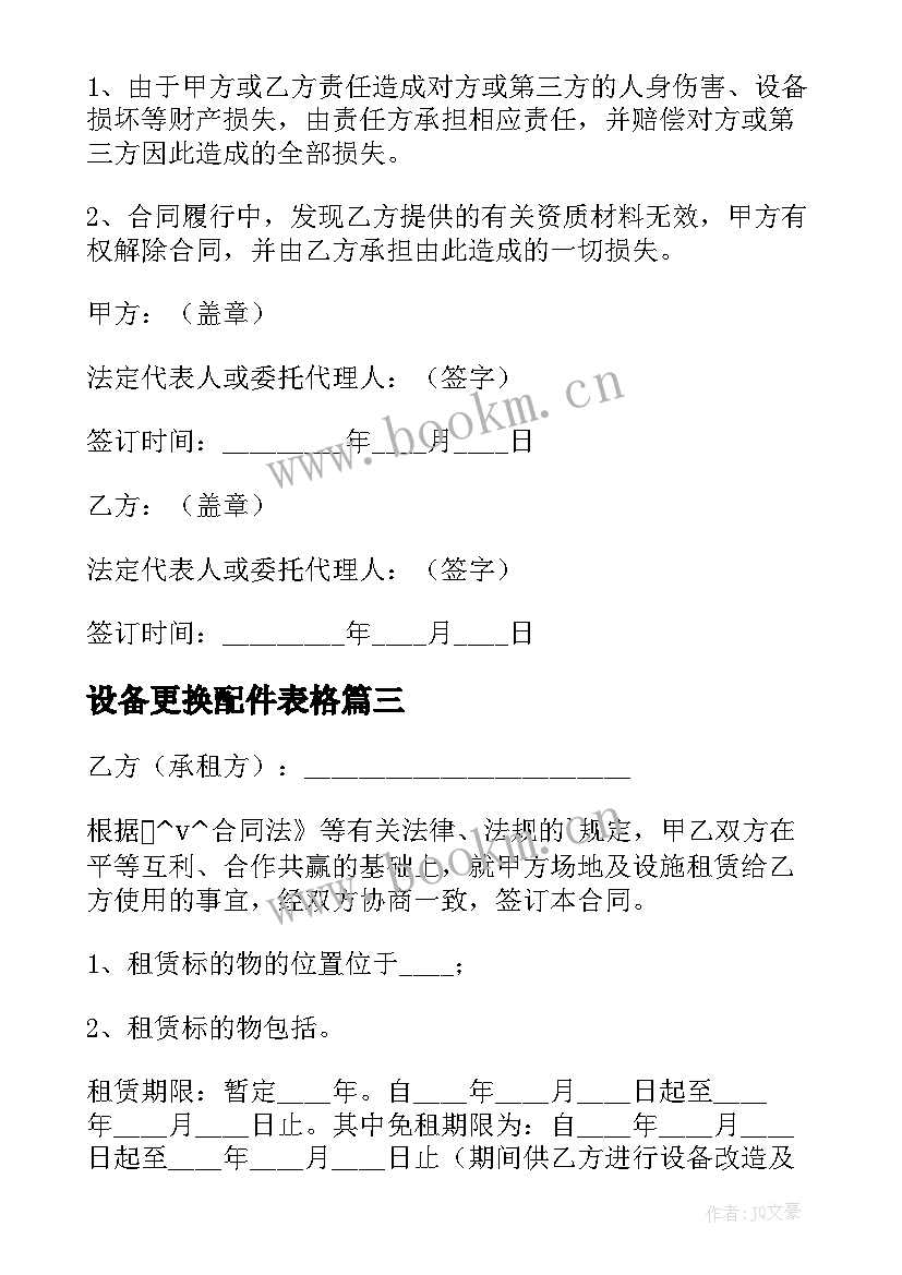 设备更换配件表格 出租房设备更换合同合集(优质5篇)