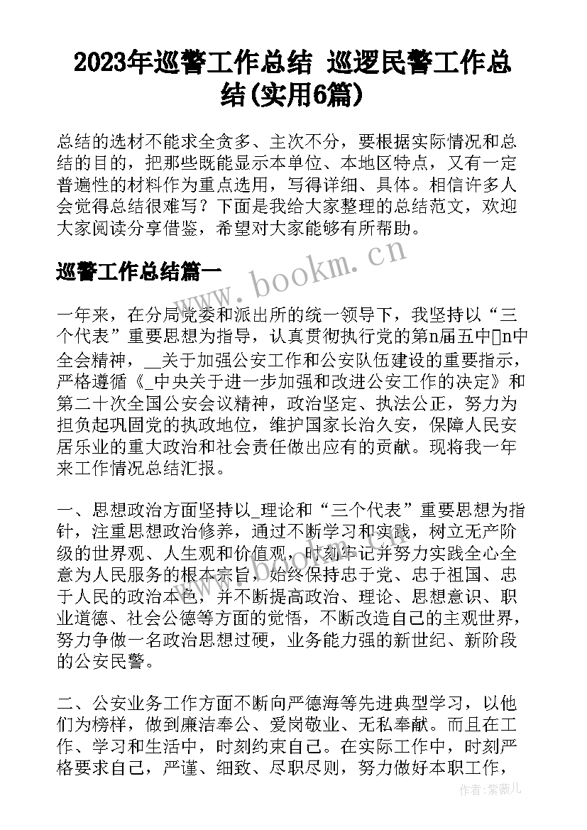 2023年巡警工作总结 巡逻民警工作总结(实用6篇)