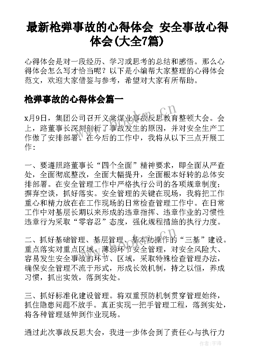 最新枪弹事故的心得体会 安全事故心得体会(大全7篇)