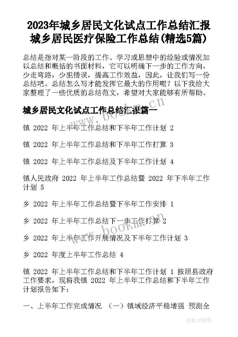 2023年城乡居民文化试点工作总结汇报 城乡居民医疗保险工作总结(精选5篇)