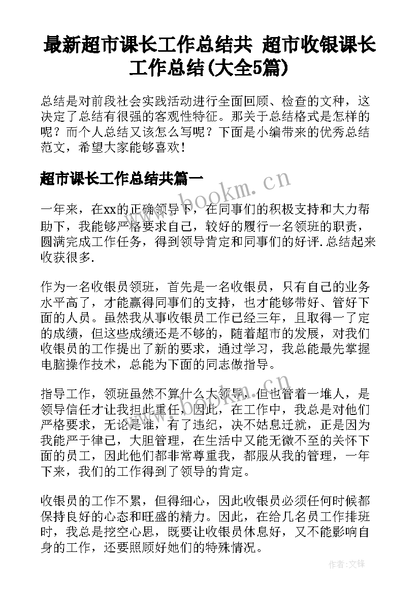 最新超市课长工作总结共 超市收银课长工作总结(大全5篇)