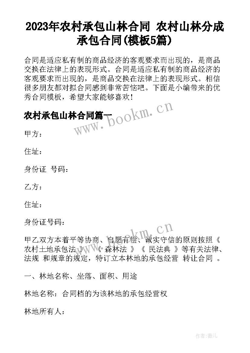 2023年农村承包山林合同 农村山林分成承包合同(模板5篇)