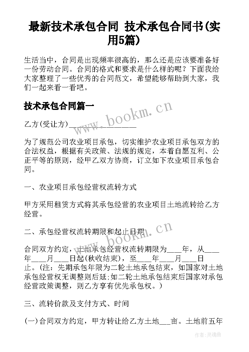 最新技术承包合同 技术承包合同书(实用5篇)