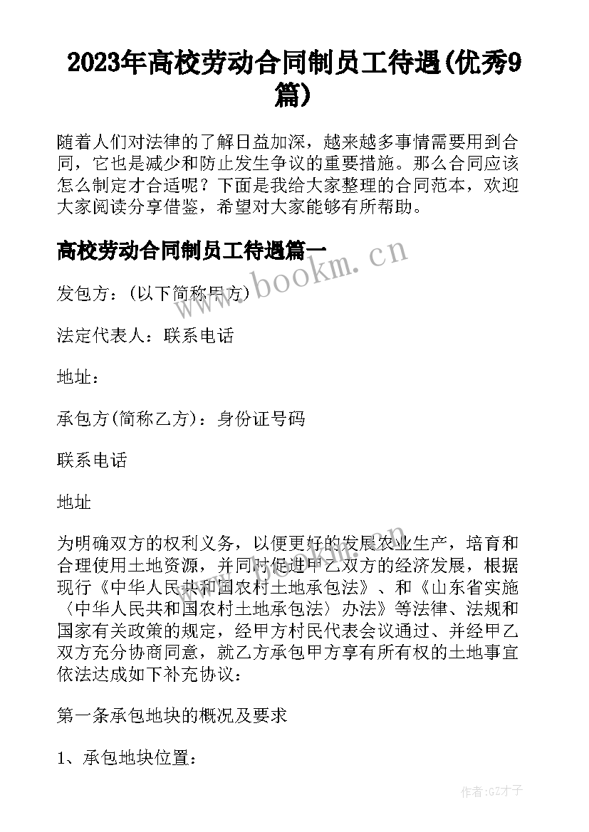 2023年高校劳动合同制员工待遇(优秀9篇)