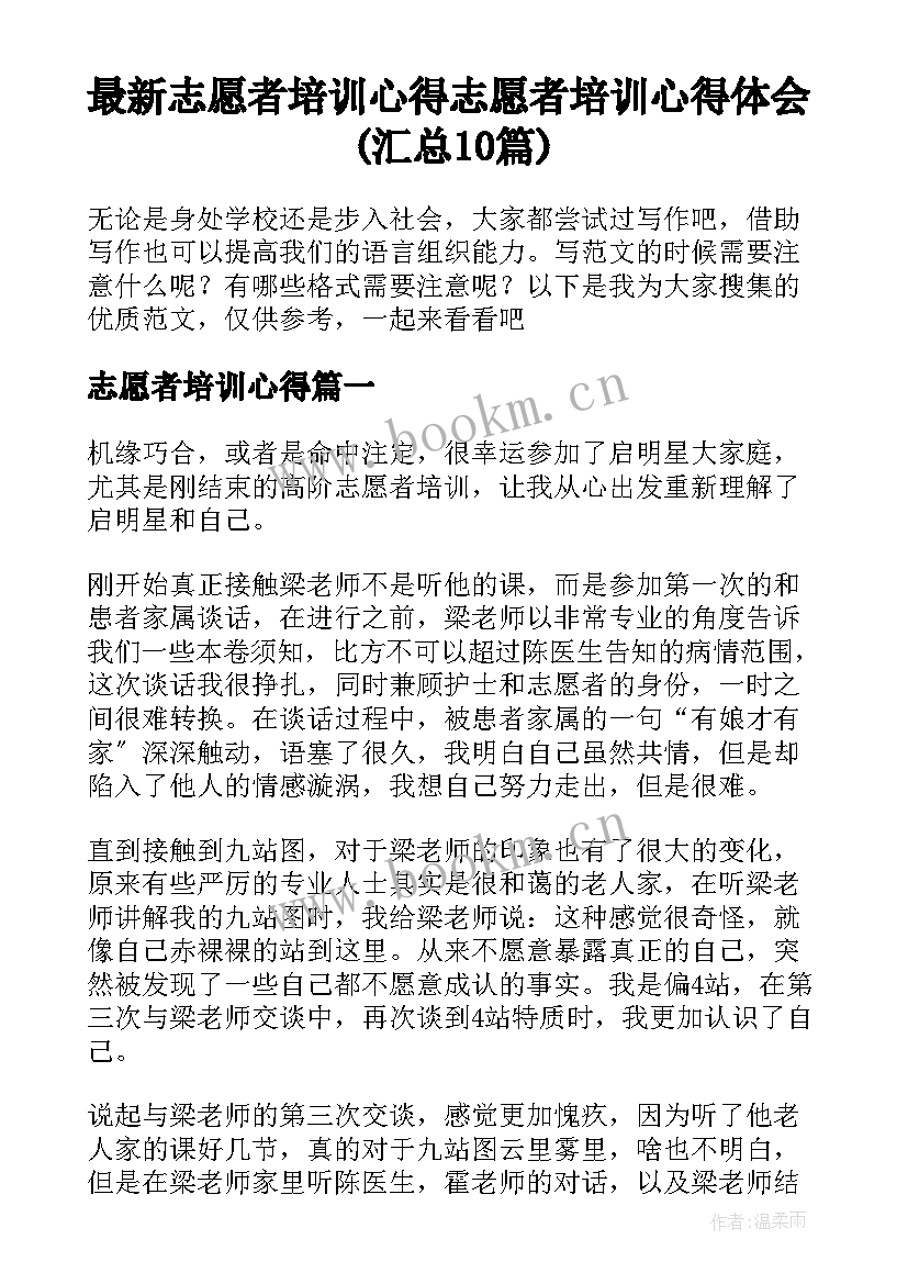 最新志愿者培训心得 志愿者培训心得体会(汇总10篇)