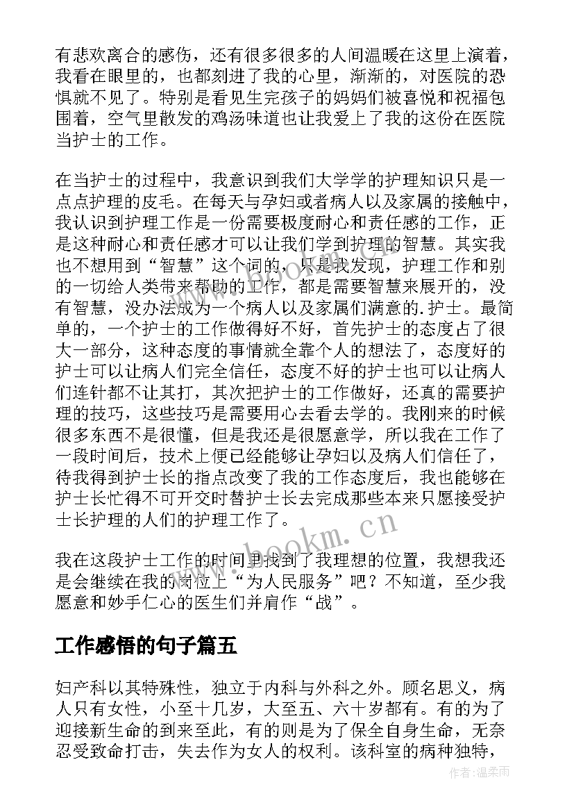 工作感悟的句子 妇产科护士工作心得体会(优质5篇)