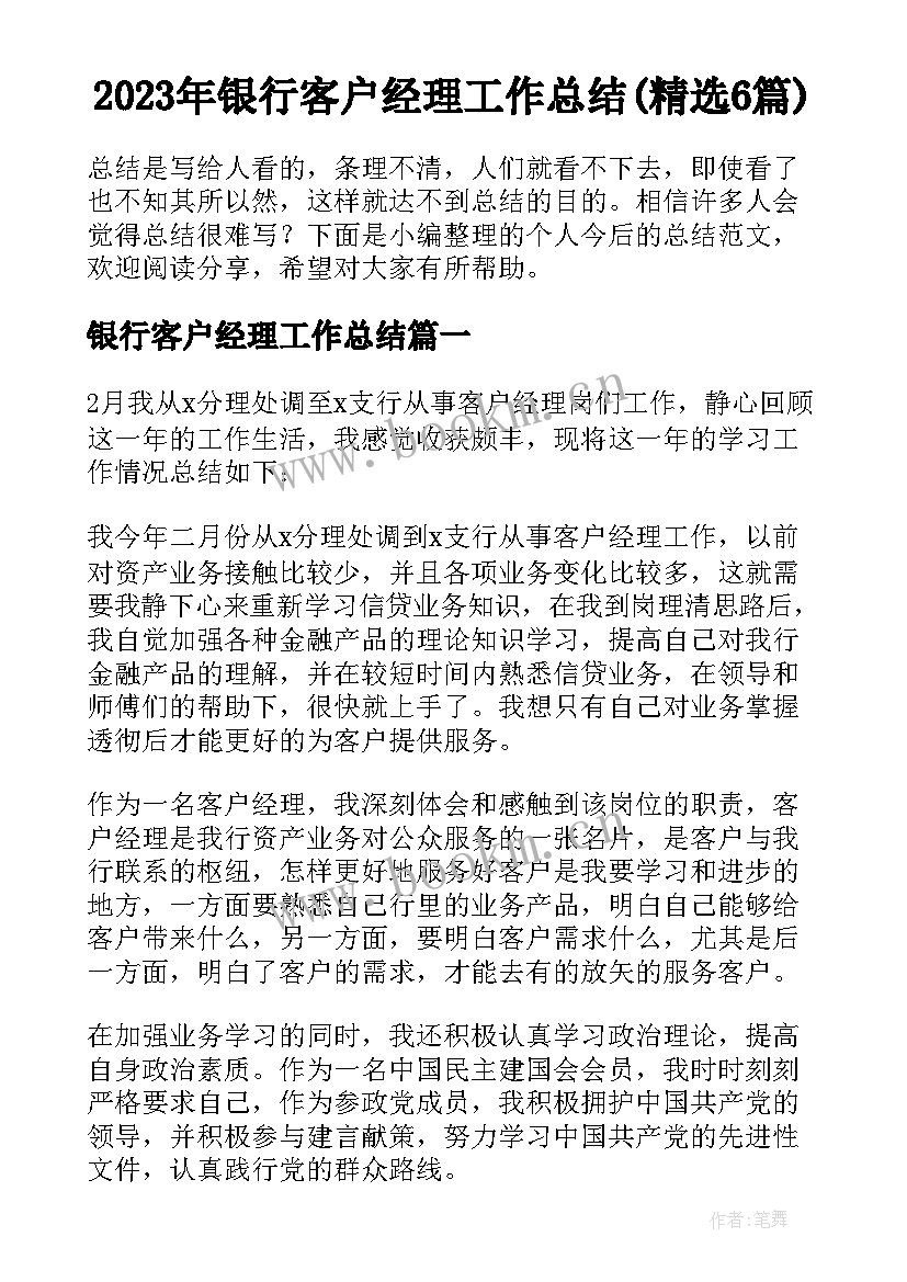 2023年银行客户经理工作总结(精选6篇)