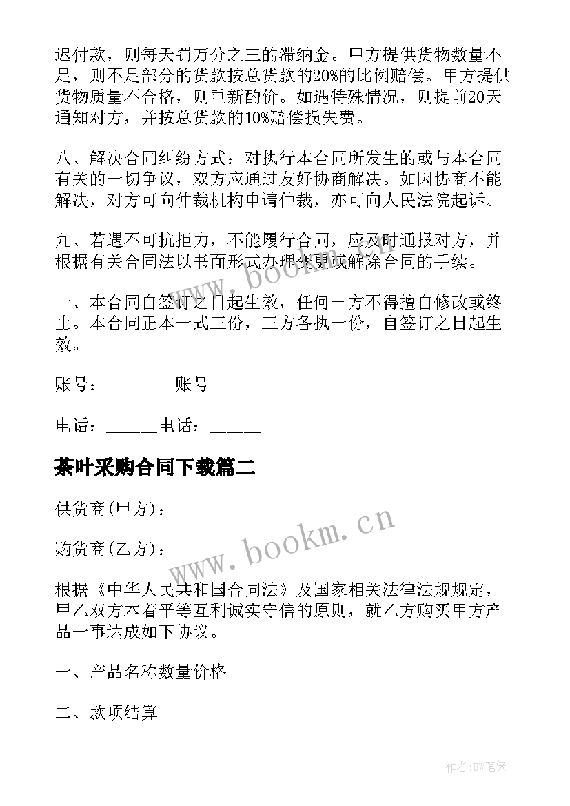 茶叶采购合同下载(优质5篇)