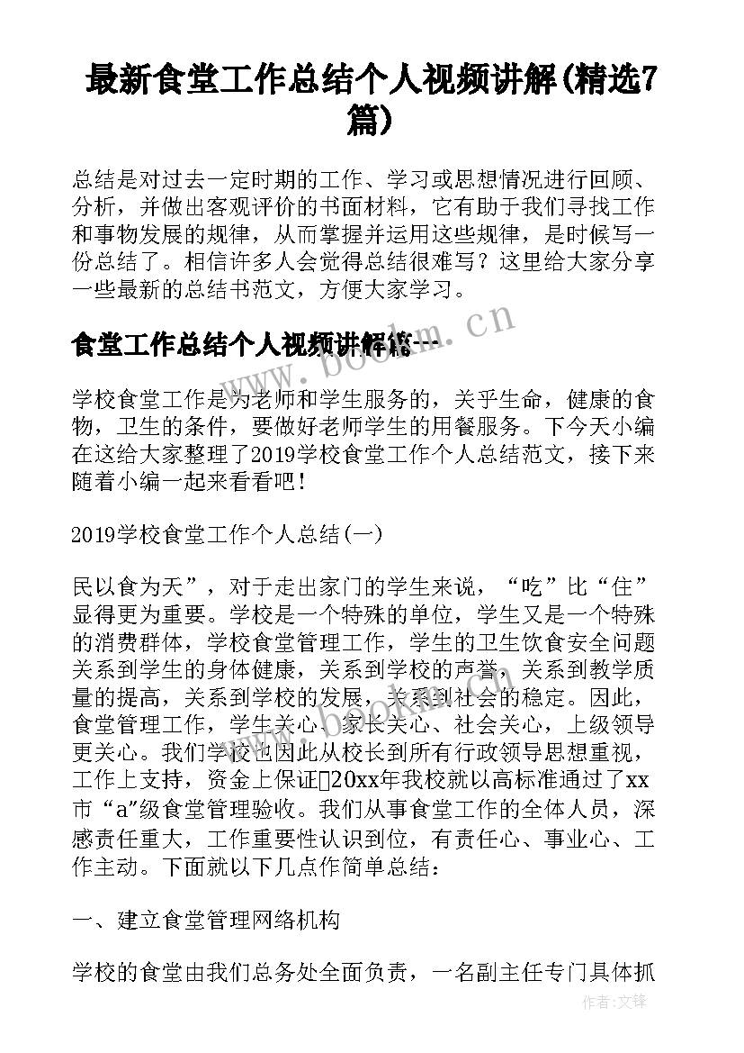 最新食堂工作总结个人视频讲解(精选7篇)