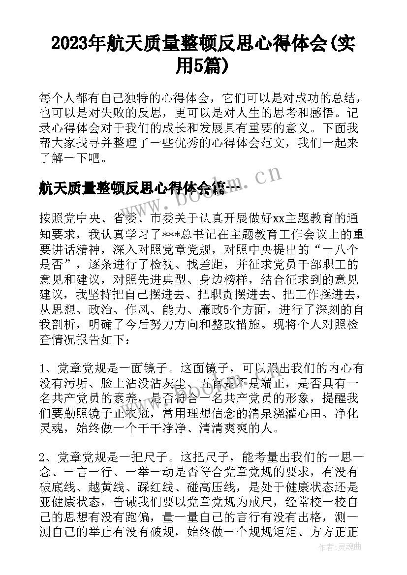 2023年航天质量整顿反思心得体会(实用5篇)