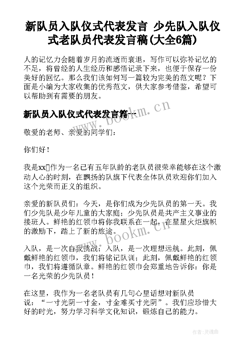 新队员入队仪式代表发言 少先队入队仪式老队员代表发言稿(大全6篇)