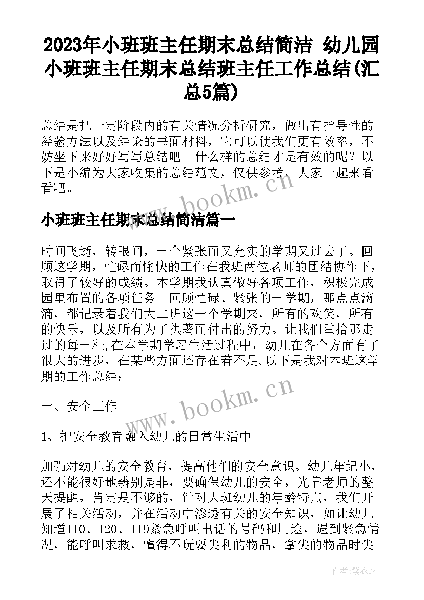 2023年小班班主任期末总结简洁 幼儿园小班班主任期末总结班主任工作总结(汇总5篇)