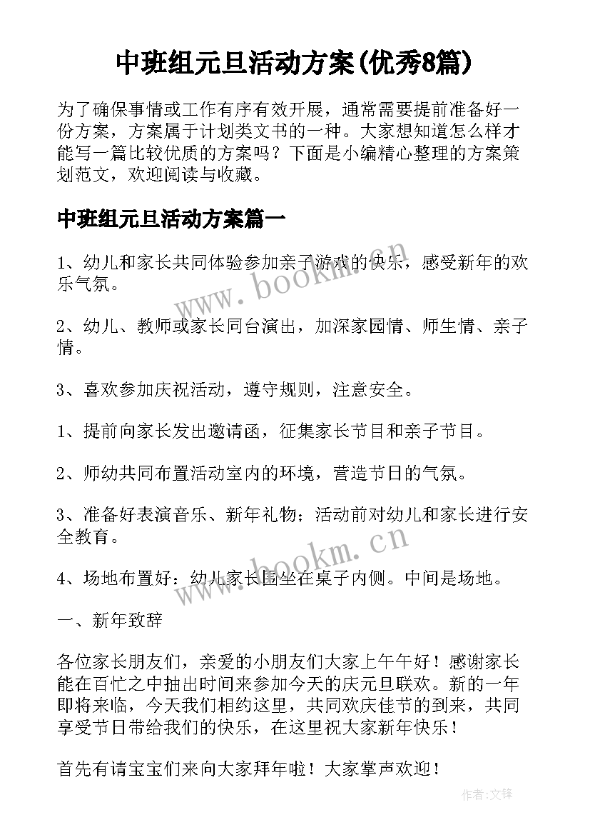 中班组元旦活动方案(优秀8篇)