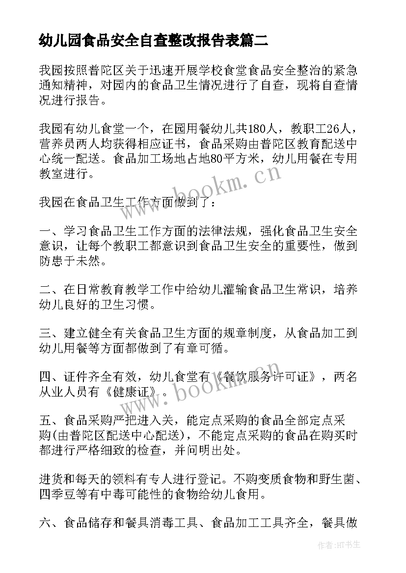 幼儿园食品安全自查整改报告表(通用5篇)