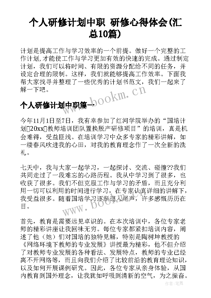 个人研修计划中职 研修心得体会(汇总10篇)