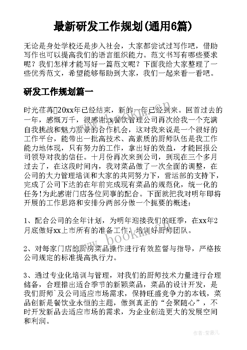 最新研发工作规划(通用6篇)